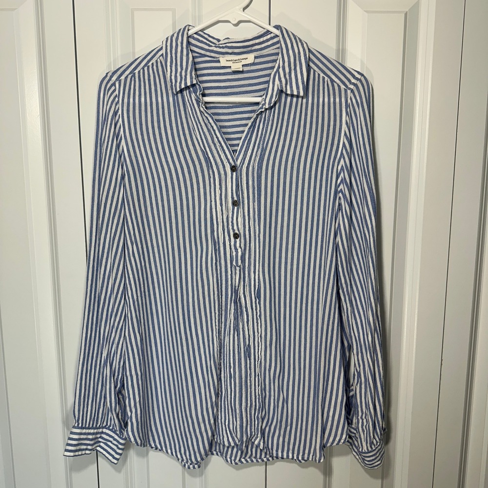 Beachlunchlounge Button Down Shirt Womens Small Blue White Striped Coastal Light